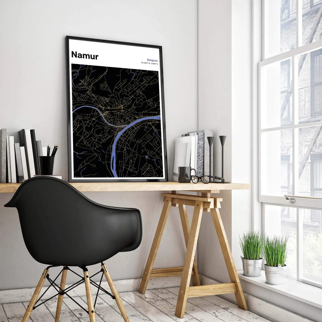 Contemporary dark aesthetic street map art displaying the intricate river geometry and road network of Namur, Belgium, with clean header text. Offered by MapYourDreams, this artwork is available in flexible options including unframed paper, custom wooden frames, and gallery canvas wraps.