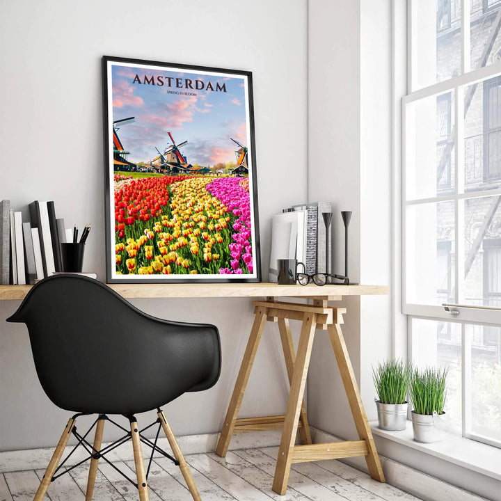 High-definition floral art print depicting vivid magenta and yellow tulip fields stretching toward historic Dutch windmills, presented by MapYourDreams where choices include a fine art unframed poster, gallery wrapped canvas decor, or custom frames in pure gold, retro black, and silver finishes.
