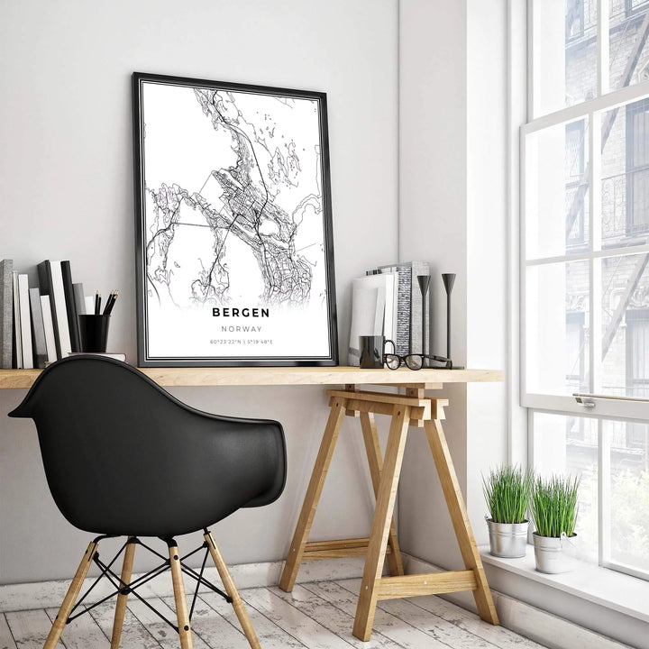 High-contrast black and white street map illustration of Bergen Norway tracing historic neighborhoods and harbor connections. Enhance your office space layout with this map decor piece, available in custom wood framed styles, gallery quality stretched canvas panels, and unframed poster paper options.