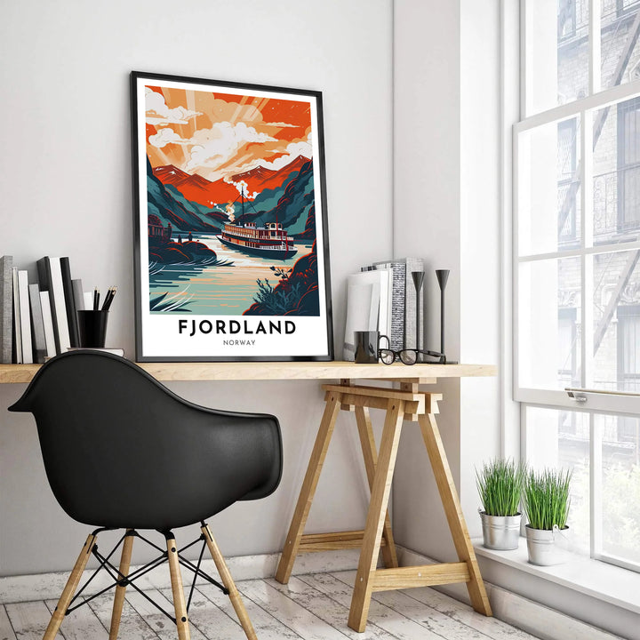 Vibrant vintage artwork illustrating a maritime steam vessel navigating a Norwegian coastal fjord under a warm orange sunset sky. Produced by MapYourDreams, this landscape decor provides flexible choices such as sleek framed displays, unframed paper prints, and textured gallery wrapped canvas artwork.