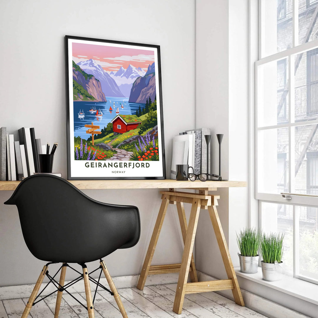 Serene sunset scene of Geirangerfjord in Norway featuring a rustic red wooden cabin with a grass roof nestled along steep coastal fjord slopes. Enhance your office space layout with this decor piece, available in custom wood framed styles, gallery quality stretched canvas panels, and unframed poster paper options.