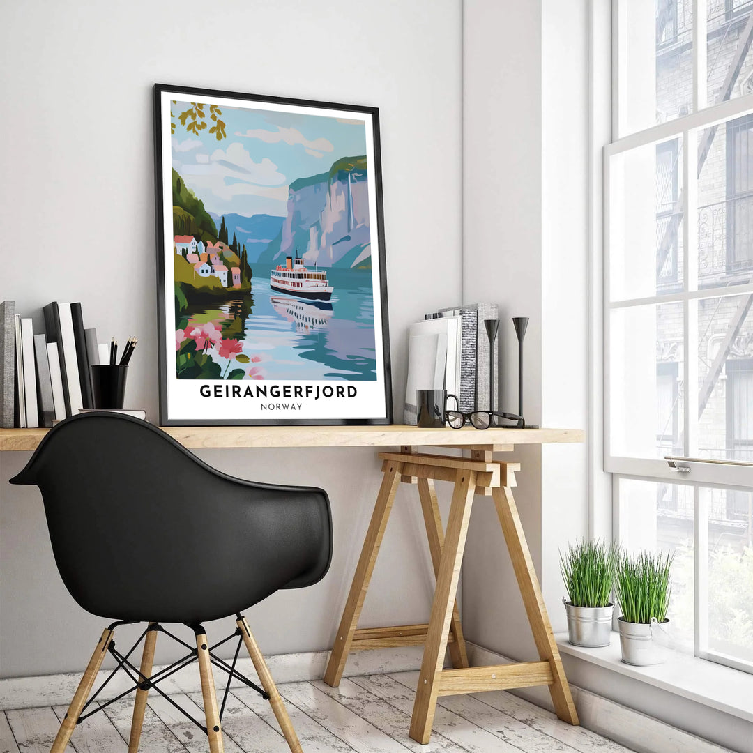 Dramatic nautical print of Geirangerfjord Norway showing a passenger ship navigating deep blue waters below soaring mountain rock faces. Enhance your office space with this artwork, available as a ready-to-display framed poster, gallery wrapped canvas print, or classic unframed poster.