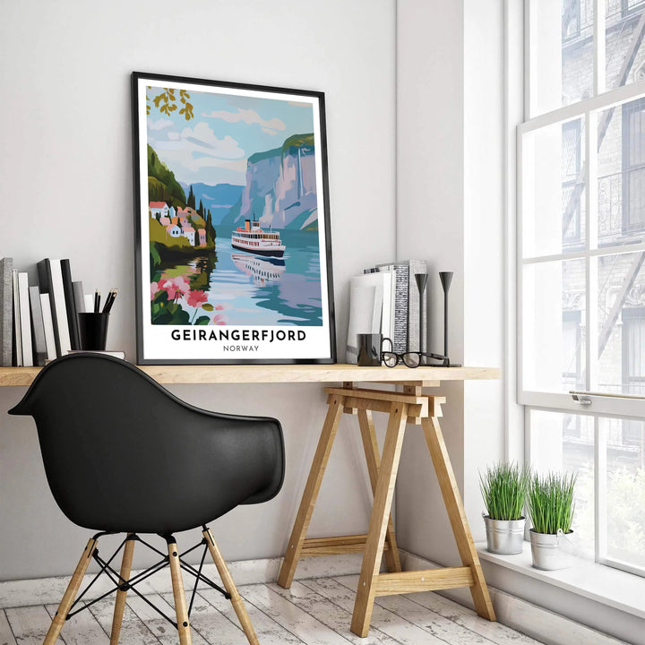 Dramatic nautical print of Geirangerfjord Norway showing a passenger ship navigating deep blue waters below soaring mountain rock faces. Enhance your office space with this artwork, available as a ready-to-display framed poster, gallery wrapped canvas print, or classic unframed poster.