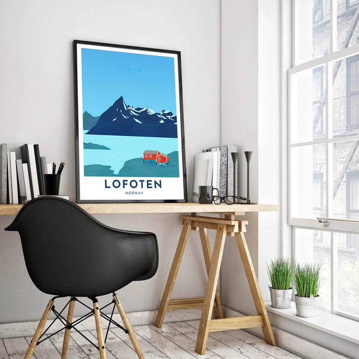 Minimalist Scandinavian poster depicting Lofoten Norway with dark mountain silhouettes and red fishing houses on stilts. Enhance your living room layout with this artwork, available as a ready-to-display framed poster, gallery wrapped canvas print, or classic unframed poster.