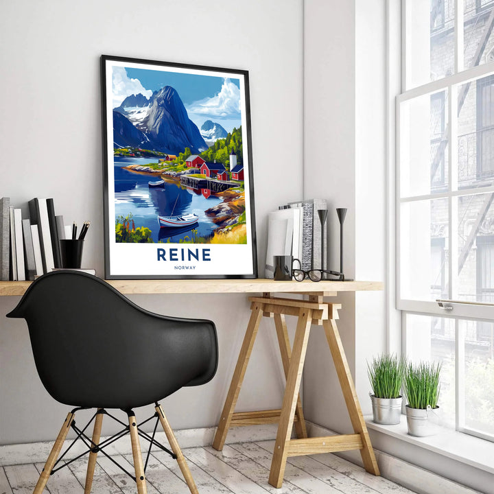 Scandinavian travel poster illustrating the fishing village of Reine Norway with calm harbor waters, wooden piers, and soaring peak silhouettes. Upgrade your interior layout with flexible options ranging from archival unframed paper prints to sturdy framed posters and textured canvas setups.