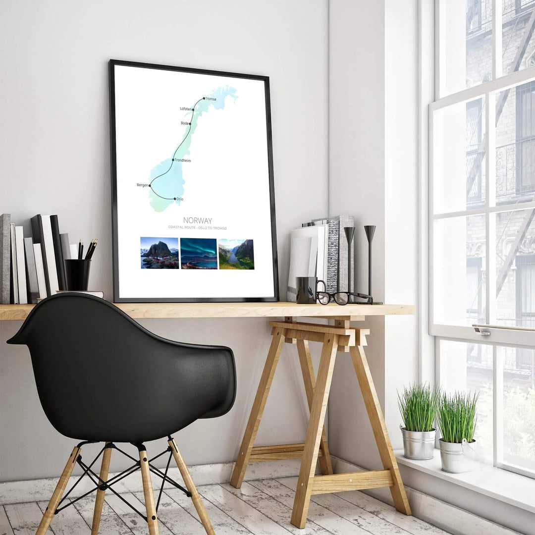 Transit cartography print highlighting the Norwegian coastal route from Oslo to Tromsø with stops in Trondheim and Bodø. Upgrade your interior layout with versatile options ranging from archival unframed paper prints to sturdy framed posters and textured gallery canvas setups.