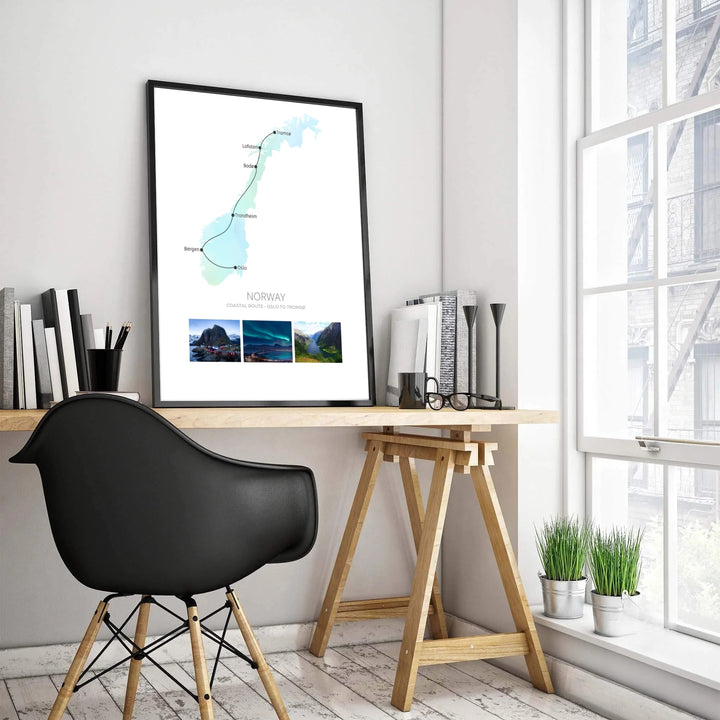 Transit cartography print highlighting the Norwegian coastal route from Oslo to Tromsø with stops in Trondheim and Bodø. Upgrade your interior layout with versatile options ranging from archival unframed paper prints to sturdy framed posters and textured gallery canvas setups.