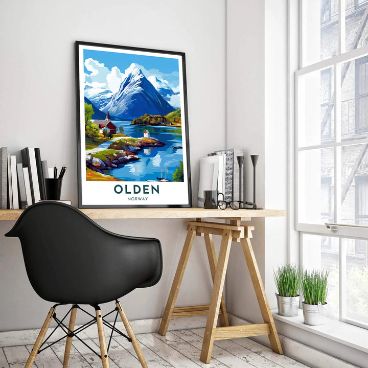 Vintage travel poster illustrating the tranquil Nordfjord waters in Olden Norway framed by steep mountain cliffs and a waterfront village. Upgrade your interior layout with choices ranging from unframed archival paper prints to sturdy custom wood frames and textured gallery canvas setups.