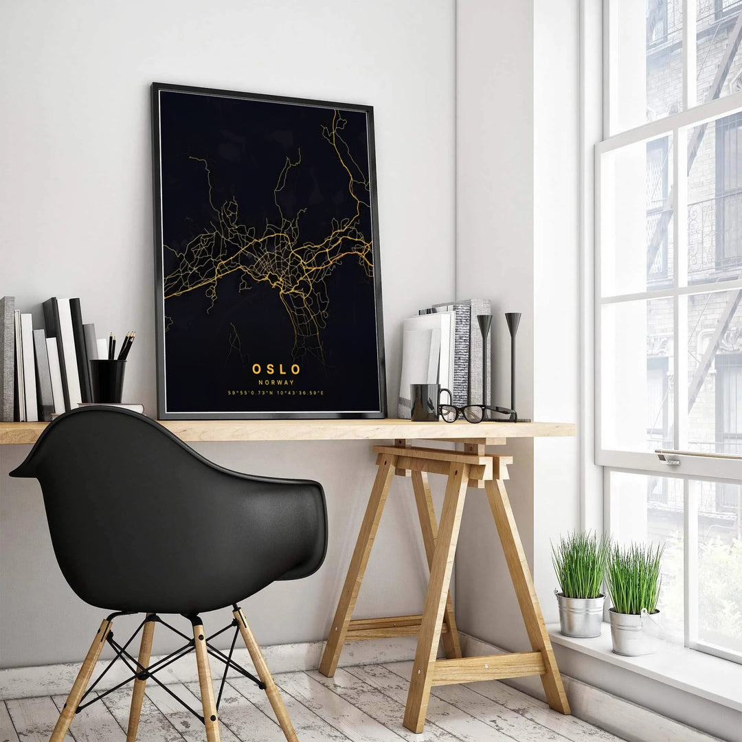 Modern urban map poster illustrating the street layout of Oslo Norway with shimmering golden lines across a dark charcoal surface. Upgrade your room decor with options ranging from unframed archival paper prints to sturdy custom wood frames and textured gallery canvas setups.