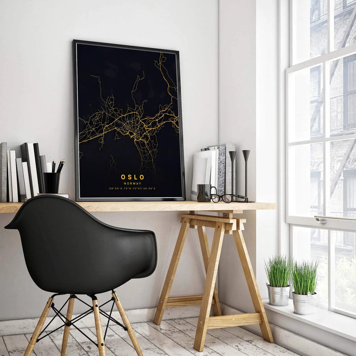 Modern urban map poster illustrating the street layout of Oslo Norway with shimmering golden lines across a dark charcoal surface. Upgrade your room decor with options ranging from unframed archival paper prints to sturdy custom wood frames and textured gallery canvas setups.