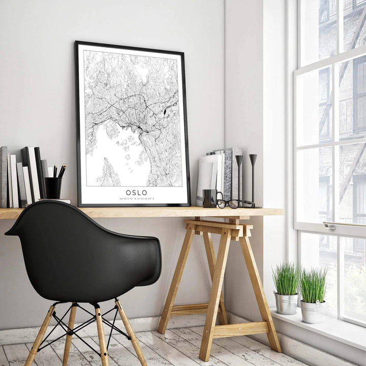 Monochrome street map poster illustrating the complete road system of Oslo Norway with centered capital typography and coordinates. Upgrade your room decor with options ranging from unframed archival paper prints to sturdy custom wood frames and textured gallery canvas setups.