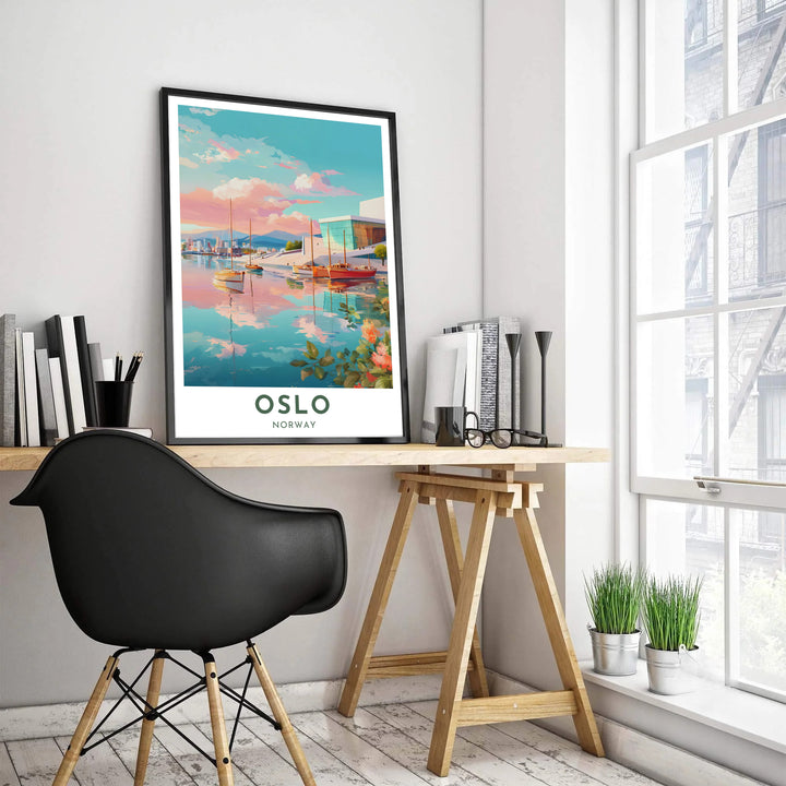 Vibrant Nordic travel illustration featuring the Oslo Opera House at sunset in coral, turquoise, and cream pastel tones. Created by MapYourDreams, this travel artwork is offered as an unframed fine art paper print, custom wooden framed setup, or floating canvas wall display.