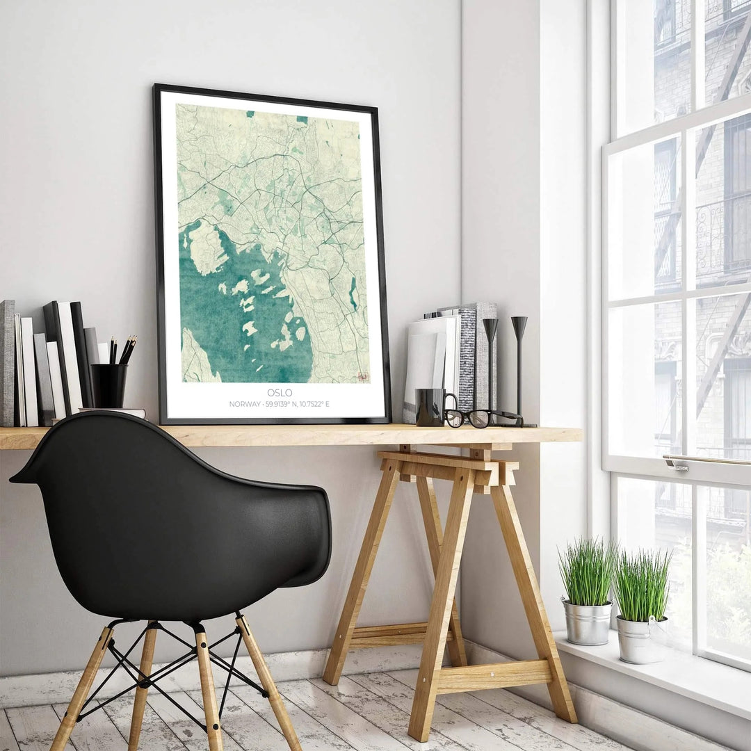 Antique style map poster illustrating the complete street network and island topography of Oslo Norway with centered coordinates typography. Upgrade your room decor with options ranging from unframed archival paper prints to sturdy custom wood frames and textured gallery canvas setups.