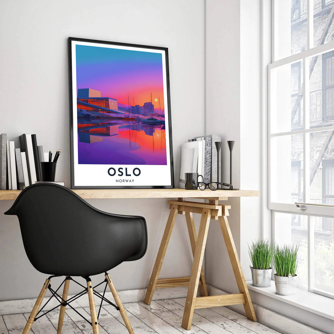 Vibrant Scandinavian travel illustration of the Oslo Opera House building in Norway showcasing sleek geometric glass architecture and glowing harbor reflections. Upgrade your room decor with options ranging from unframed archival paper prints to sturdy custom wood frames and textured gallery canvas setups.