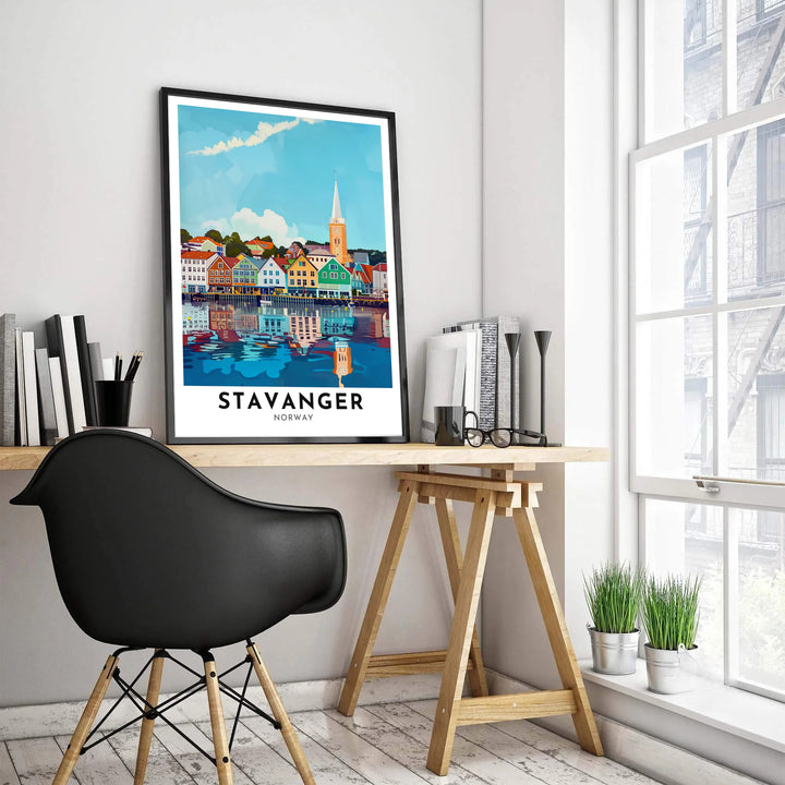Colorful Nordic town travel illustration depicting the famous Gamle Stavanger waterfront houses and historic cathedral tower in Southwestern Norway. Upgrade your room decor with options ranging from unframed archival paper prints to sturdy custom wood frames and textured gallery canvas setups.
