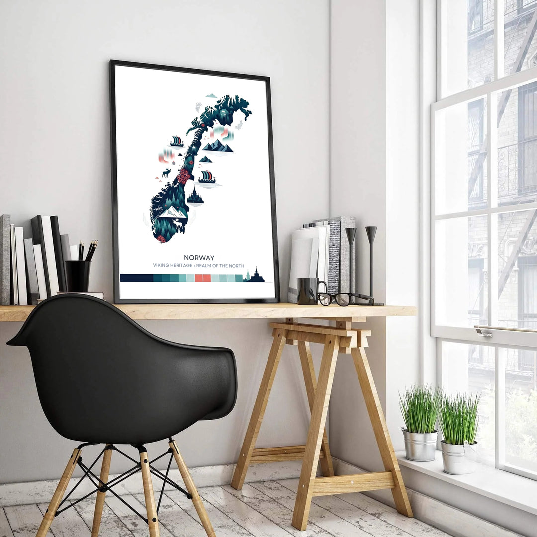 Minimalist vector silhouette map art of Norway highlighting Viking heritage icons, pine forest fills, and coastal longship graphics over a white background field. Created by MapYourDreams, this travel artwork is offered as an unframed fine art paper print, custom wooden framed setup, or floating canvas wall display.