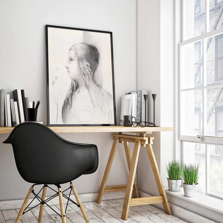 Black and white vintage artwork poster featuring Odilon Redon’s 1894 depiction of Brünnhilde in quiet profile. This museum-quality fine art release is prepared across versatile options, spanning classic unframed paper, custom glass framing, and stretched canvas wraps.