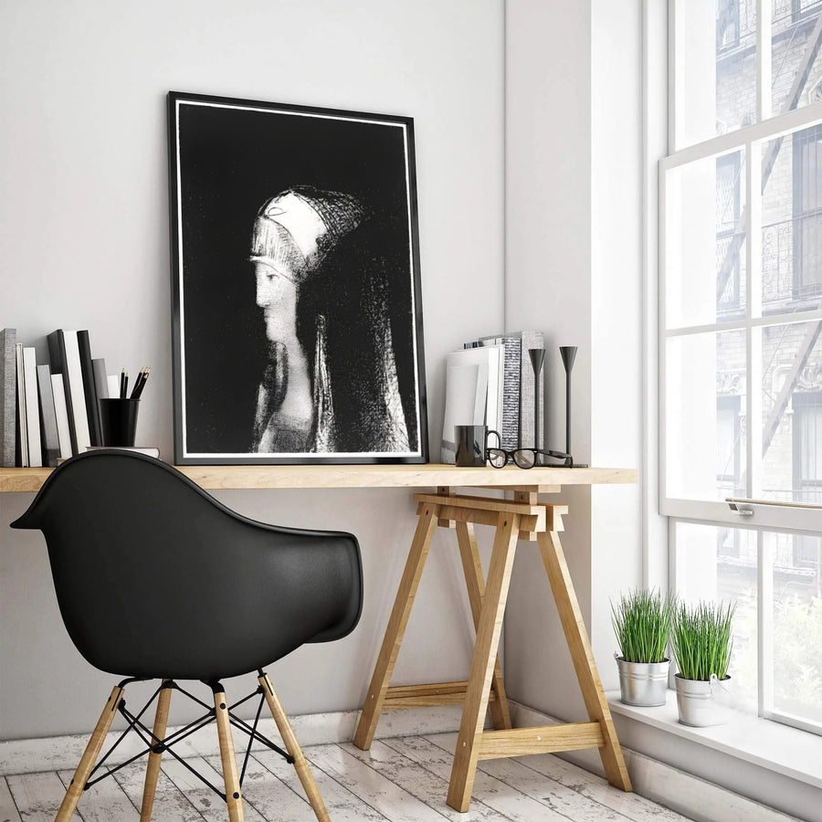 Black and white fine art poster of Druidesse 1891 by Odilon Redon highlighting subtle grain texture and deep shadows. Produced by MapYourDreams, customers can choose among versatile choices including standalone unframed paper, glass-front frames, and stretched canvas wraps.