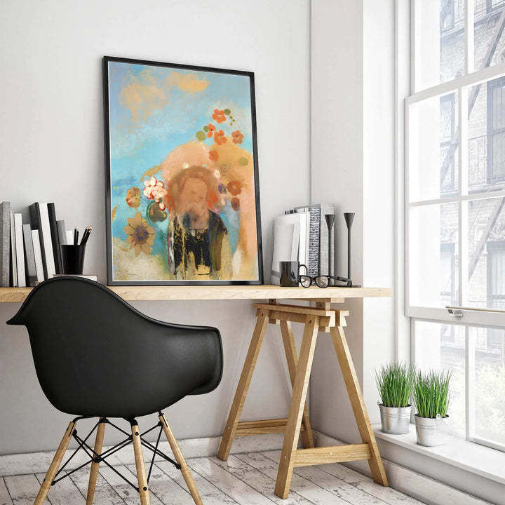 Colorful dreamlike art poster of Evocation Of Roussel by Odilon Redon highlighting soft clouds and floral details. Produced by MapYourDreams, customers can choose among versatile choices including standalone unframed paper, glass-front frames, and stretched canvas wraps.
