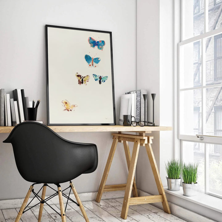 Soft cerulean blue and golden butterfly art poster by Odilon Redon highlighting subtle brushstrokes and organic shapes. Produced by MapYourDreams, customers can choose among versatile choices including standalone unframed paper, glass-front frames, and stretched canvas wraps.