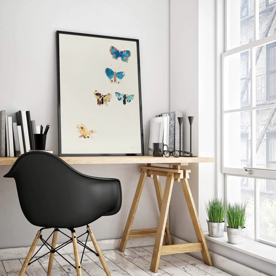 Soft cerulean blue and golden butterfly art poster by Odilon Redon highlighting subtle brushstrokes and organic shapes. Produced by MapYourDreams, customers can choose among versatile choices including standalone unframed paper, glass-front frames, and stretched canvas wraps.