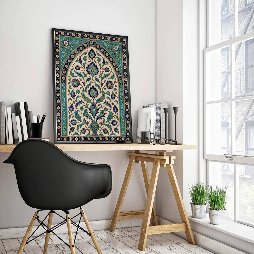 Fine art poster depicting an ornate Iznik porcelain tile arch with palmette leaves and carnation blossoms in cobalt and turquoise glaze. Produced by MapYourDreams, this artwork is available in flexible options including unframed paper, custom wooden frames, and gallery canvas wraps for office wall decor.