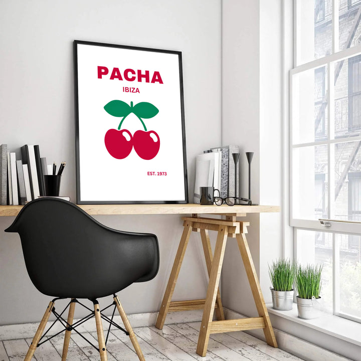 House music emblem wall art with minimalist red cherries and crimson lettering for Pacha in Ibiza, Spain, created by MapYourDreams with available choices spanning unframed paper prints, stretched gallery canvas, and custom frame options in black, white, and natural wood.
