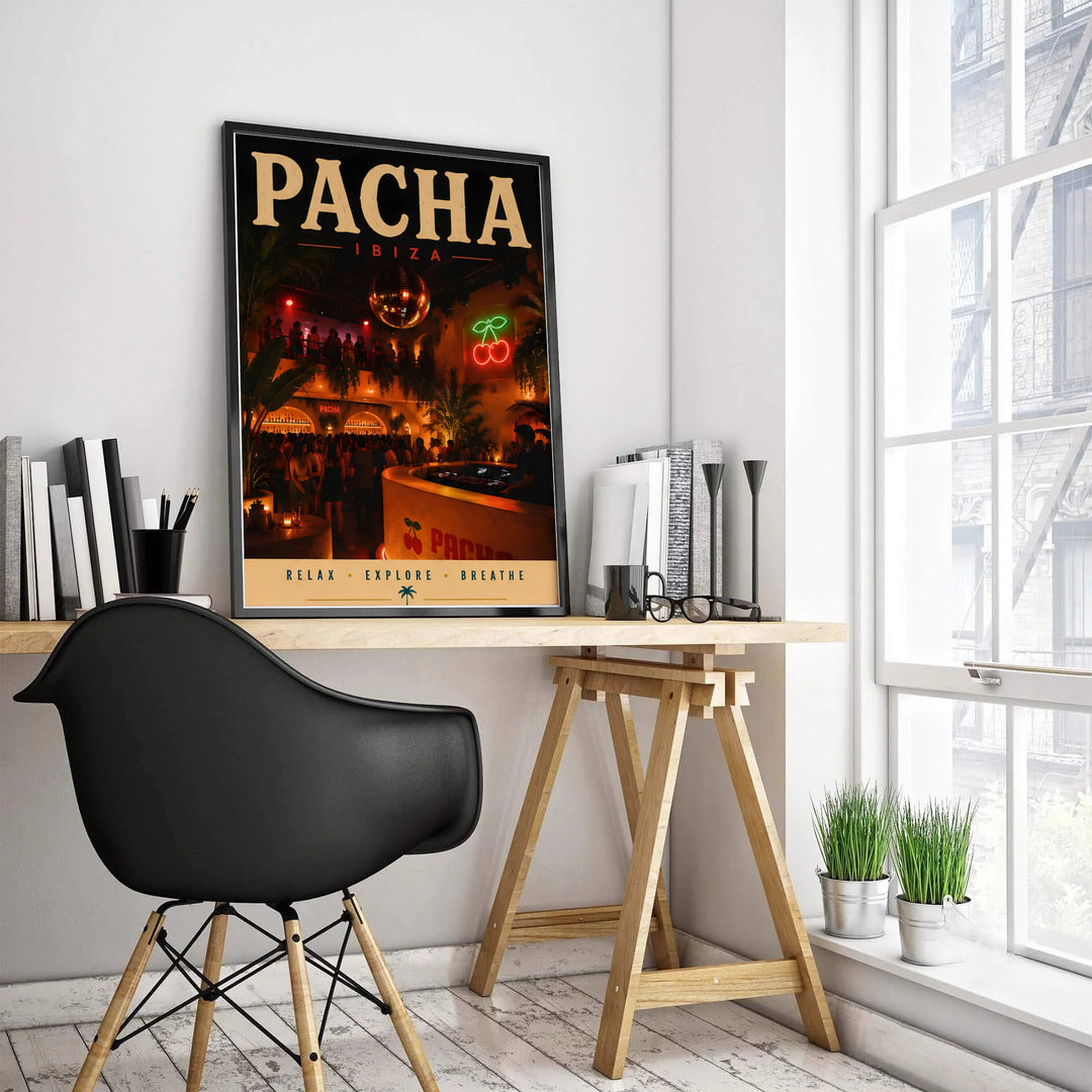 Warm crimson nightclub photography print capturing interior crowd energy and palm decorations at Pacha in Ibiza, Spain, provided by MapYourDreams where buyers can select an unframed poster, gallery wrapped canvas print, or custom framed wall art for dining and entertainment spaces.