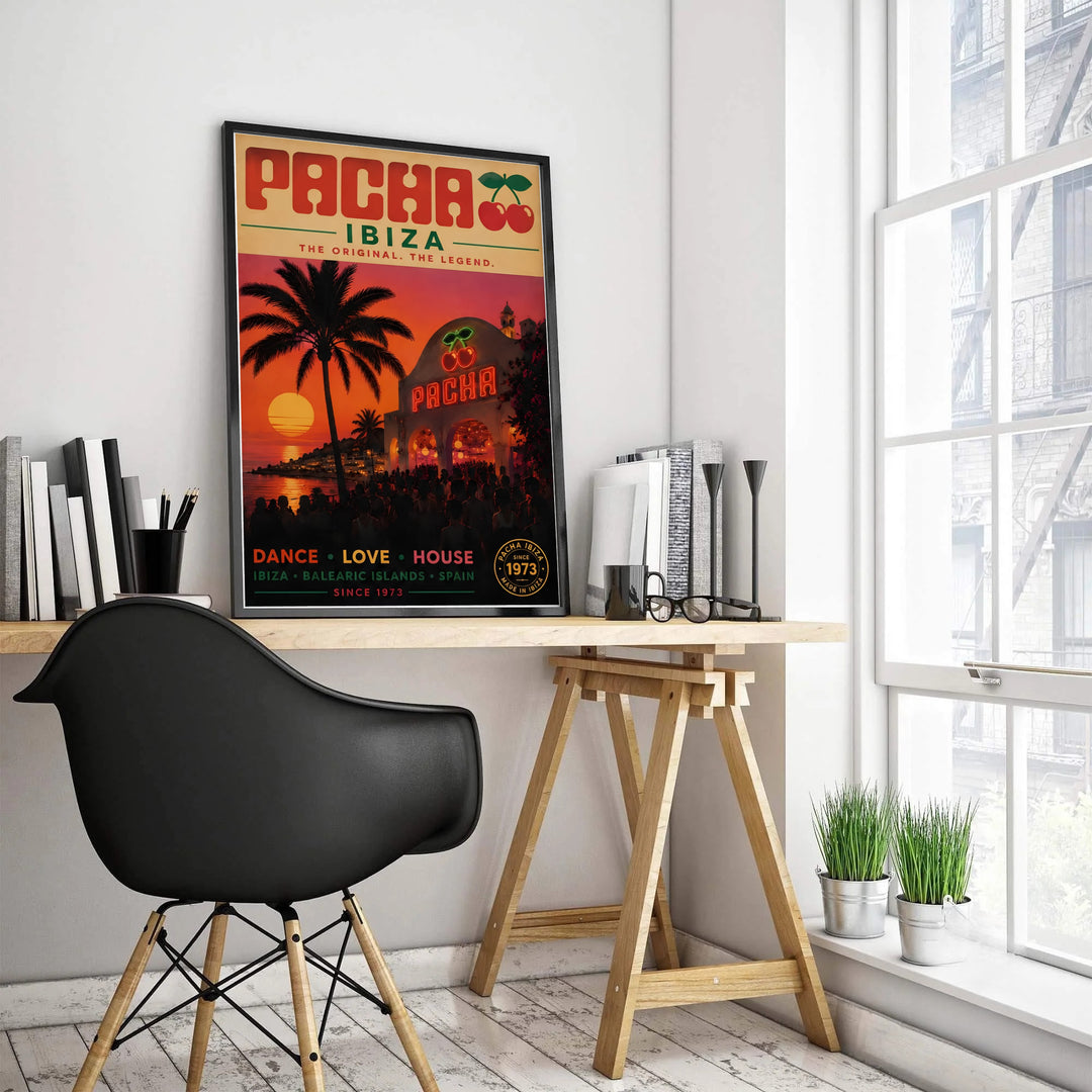 Pacha Ibiza since 1973 sunset club scene artwork depicting red neon signage, beach palm silhouette, and party atmosphere, crafted by MapYourDreams in choices including an unframed print, museum-wrapped gallery canvas, or custom framed wall art decor for DJ rooms.