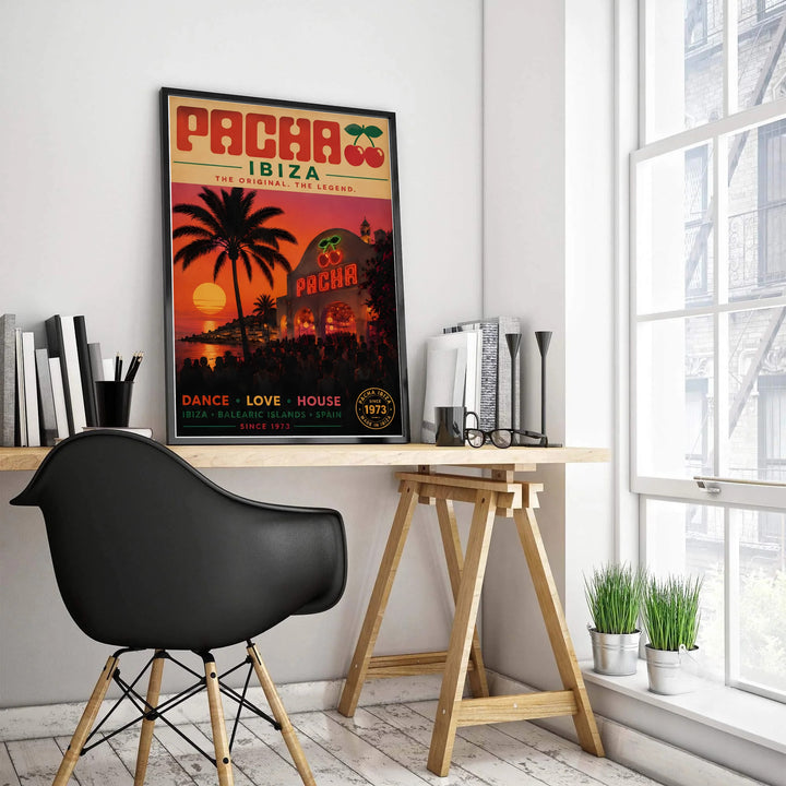 Pacha Ibiza since 1973 sunset club scene artwork depicting red neon signage, beach palm silhouette, and party atmosphere, crafted by MapYourDreams in choices including an unframed print, museum-wrapped gallery canvas, or custom framed wall art decor for DJ rooms.
