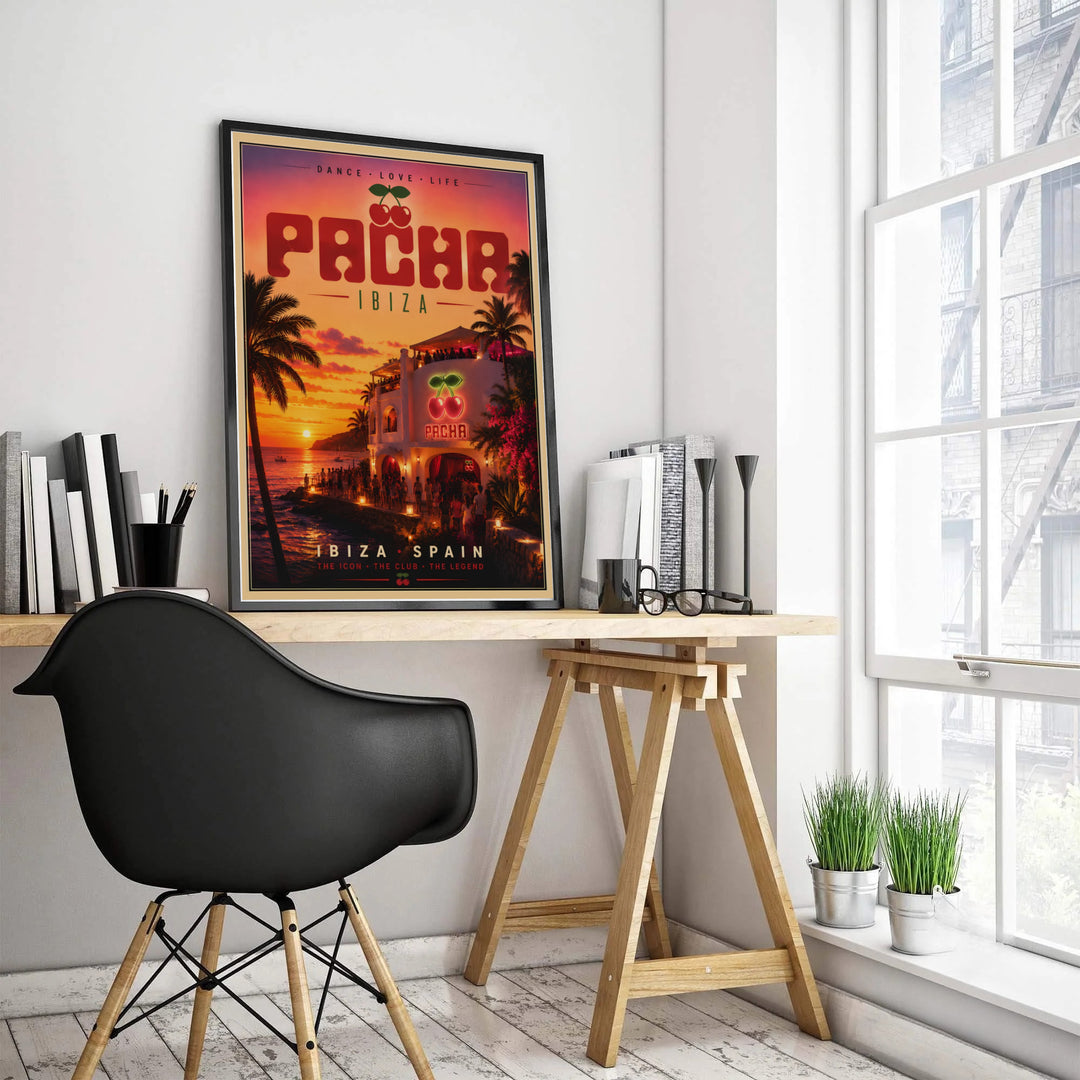 Coastal Spain travel poster displaying the iconic Pacha Ibiza venue exterior under a golden orange and magenta sunset sky, crafted by MapYourDreams in choices including an unframed art print, cotton blend stretched canvas, or custom framed wall art setup for living room decor.