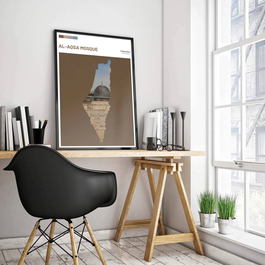 Fine art poster depicting Al-Aqsa Mosque lead dome inside a cutout shape of the map of Palestine with clean modern typography. Produced by MapYourDreams, this artwork is available in flexible options including unframed paper, custom wooden frames, and gallery canvas wraps for office wall decor.
