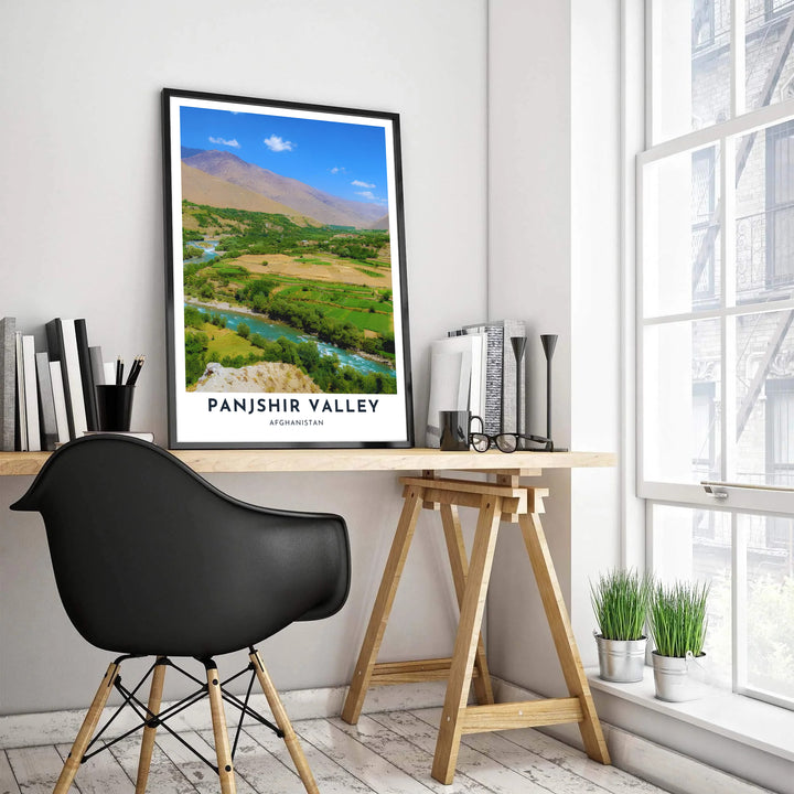 Landscape photograph featuring the lush river banks and mountain slopes of Panjshir Valley, Afghanistan, framed with clean white margins and bold location text. MapYourDreams provides options including an unframed paper print, a ready-to-hang canvas wall art piece, or a framed poster in grey, bronze, and gold frame finishes.