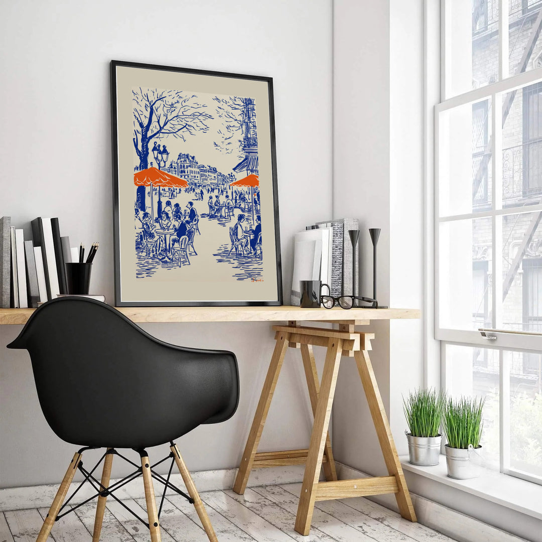 Minimalist Parisian cafe wall decor featuring navy blue ink lines and orange umbrellas in Paris France. MapYourDreams features high-quality framed, unframed, and stretched canvas print choices.