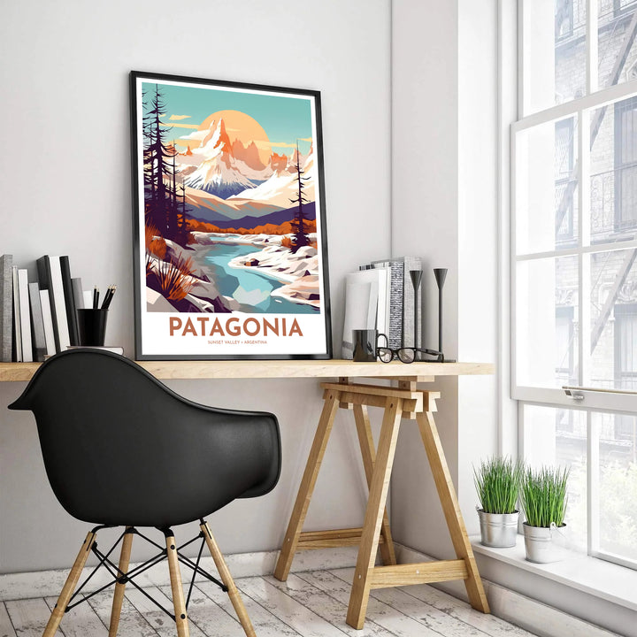 Capturing winter snow banks, pine tree silhouettes, and majestic spires, this Patagonia Mountain wall decor brings Argentina&