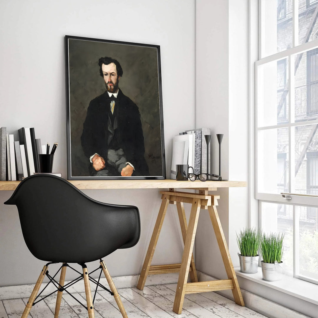 Vintage French portrait art print of Paul Cezanne Antony Valabregue 1866 capturing a poet in a suit in Aix-en-Provence France. Discover custom framed prints, unframed poster options, and stretched canvas wall decor at MapYourDreams for your residential hallway interior display.
