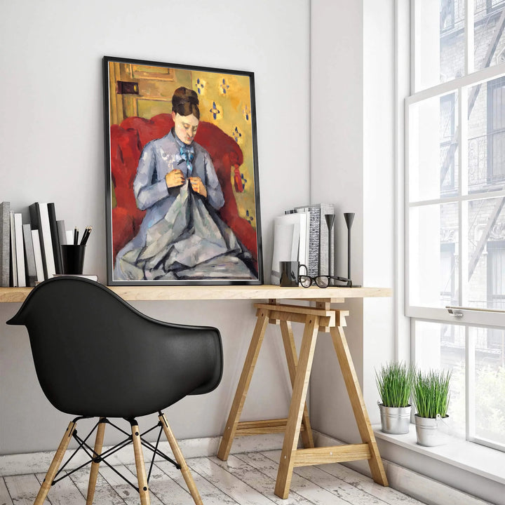 Classical French domestic print of Paul Cezanne Madame Cezanne Sewing 1877 capturing Hortense Fiquet in Paris France. Select custom framed wall art, unframed paper poster prints, or gallery canvas formats at MapYourDreams for a cohesive fine art gallery display.