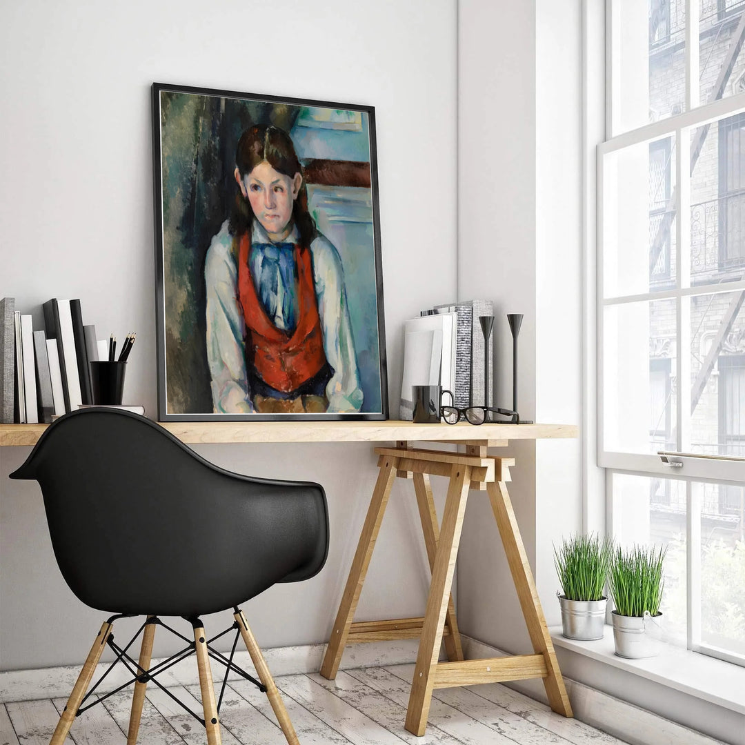 Classical French portrait print of Paul Cezanne Boy In A Red Vest 1888 capturing Michelangelo di Rosa in Paris France. Select custom framed wall art, unframed paper poster prints, or gallery canvas formats at MapYourDreams for a cohesive fine art gallery display.