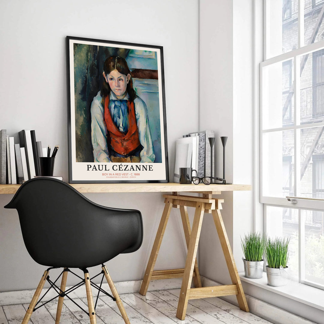 Classical French portrait exhibition print of Paul Cezanne Boy In Red Vest 1888 capturing Michelangelo di Rosa in Paris France. Select custom framed wall art, unframed paper poster prints, or gallery canvas formats at MapYourDreams for a cohesive fine art gallery display.