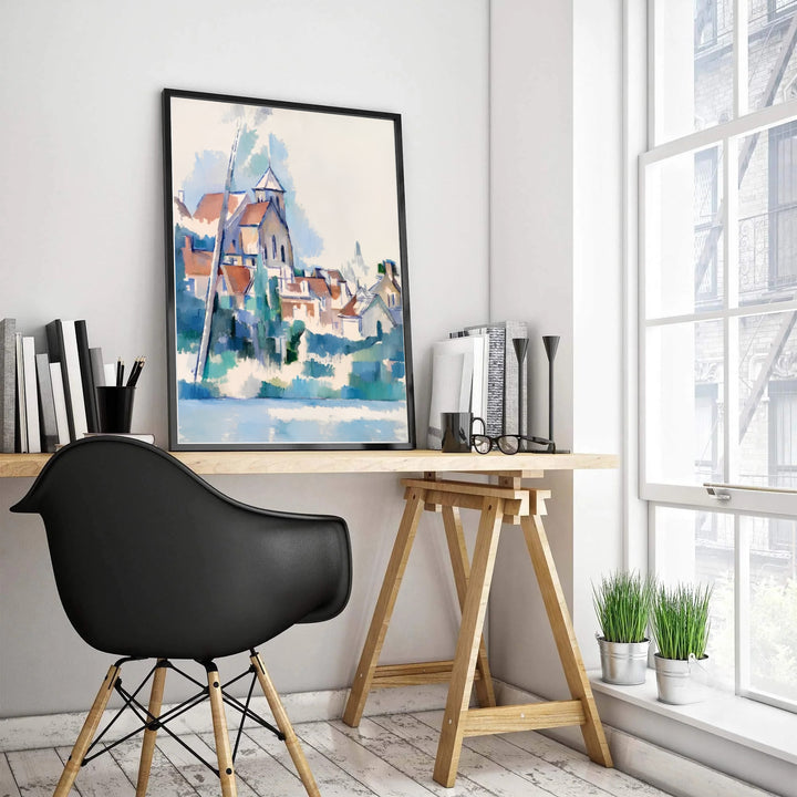 Impressionist village landscape poster print of Paul Cezanne Church At Montigny Sur Loing 1898 showcasing light river reflections in France. MapYourDreams features high-quality framed wall decor, unframed prints, and stretched canvas options ideal for modern living room wall decoration.