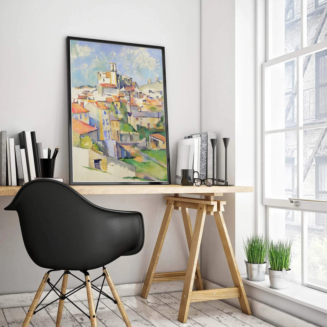 Vibrant French town wall decor poster of Paul Cezanne Gardanne 1885 painted in Gardanne France featuring terracotta rooftops and a central church tower. MapYourDreams offers elegant framed prints, unframed paper posters, and stretched canvas art prints for warm room layouts.