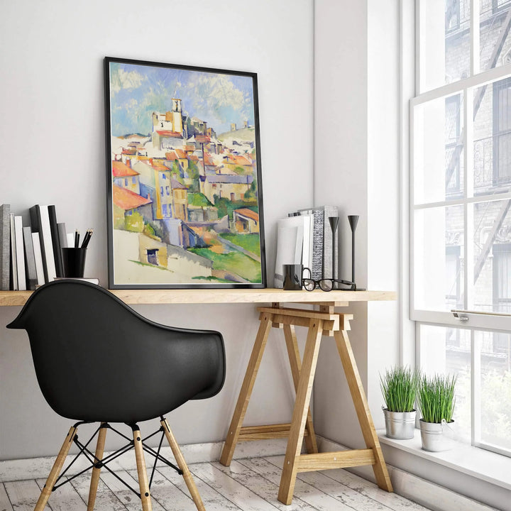 Vibrant French town wall decor poster of Paul Cezanne Gardanne 1885 painted in Gardanne France featuring terracotta rooftops and a central church tower. MapYourDreams offers elegant framed prints, unframed paper posters, and stretched canvas art prints for warm room layouts.