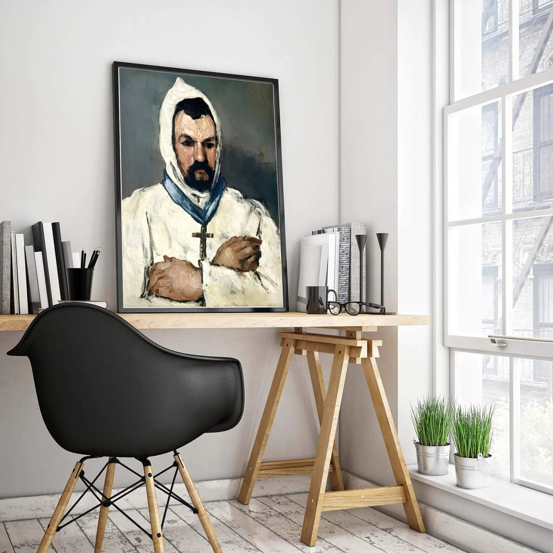 Classical French portrait print of Paul Cezanne Uncle Dominique As A Monk 1866 capturing a hooded figure in Aix-en-Provence France. Select custom framed wall art, unframed paper poster prints, or gallery canvas formats at MapYourDreams for a cohesive fine art gallery display.