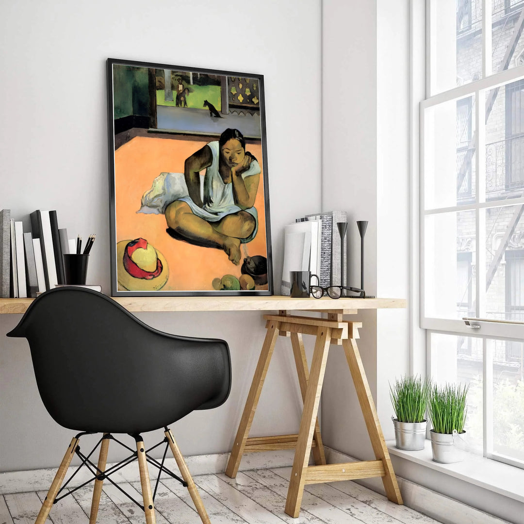 Introspective tropical oil wall decor poster of Paul Gauguin Brooding Woman Te Faaturuma 1891 made in Tahiti French Polynesia showing a peach floor interior. MapYourDreams offers elegant framed prints, unframed paper posters, and stretched canvas art prints for modern room layouts.