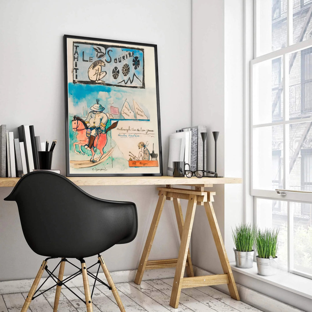 Rare satirical newspaper wall decor poster of Paul Gauguin Caricatures Governor Gallet 1900 created in Papeete, Tahiti, French Polynesia showing a governor on a rocking horse. MapYourDreams offers elegant framed prints, unframed paper posters, and stretched canvas art prints for modern room layouts.