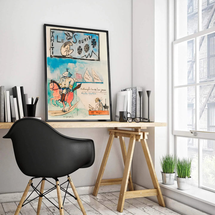 Rare satirical newspaper wall decor poster of Paul Gauguin Caricatures Governor Gallet 1900 created in Papeete, Tahiti, French Polynesia showing a governor on a rocking horse. MapYourDreams offers elegant framed prints, unframed paper posters, and stretched canvas art prints for modern room layouts.
