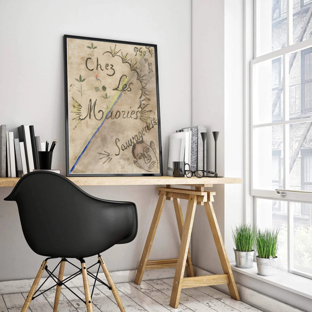 Scenic Post-Impressionist manuscript poster print of Paul Gauguin Chez Les Maories 1893 set against neutral tones in Tahiti, French Polynesia. MapYourDreams features high-quality framed wall decor, unframed prints, and stretched canvas options ideal for library wall decoration.