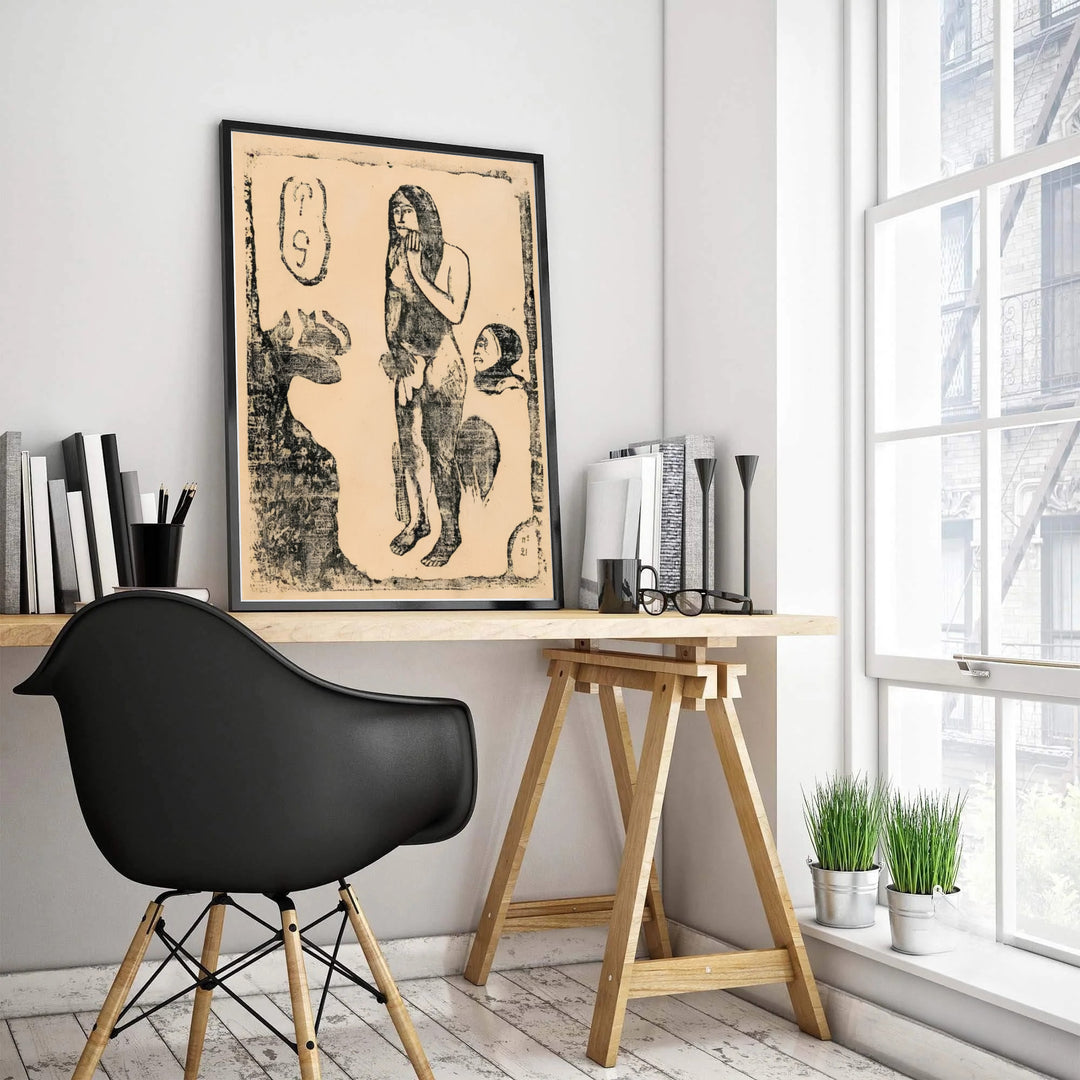 Historical French art print of Paul Gauguin Eve Suite Of Late Woodblocks 1898 displaying hand-carved borders from Tahiti, French Polynesia. Choose custom framed wall art, unframed paper poster prints, or gallery canvas formats at MapYourDreams for a modern gallery wall setup.