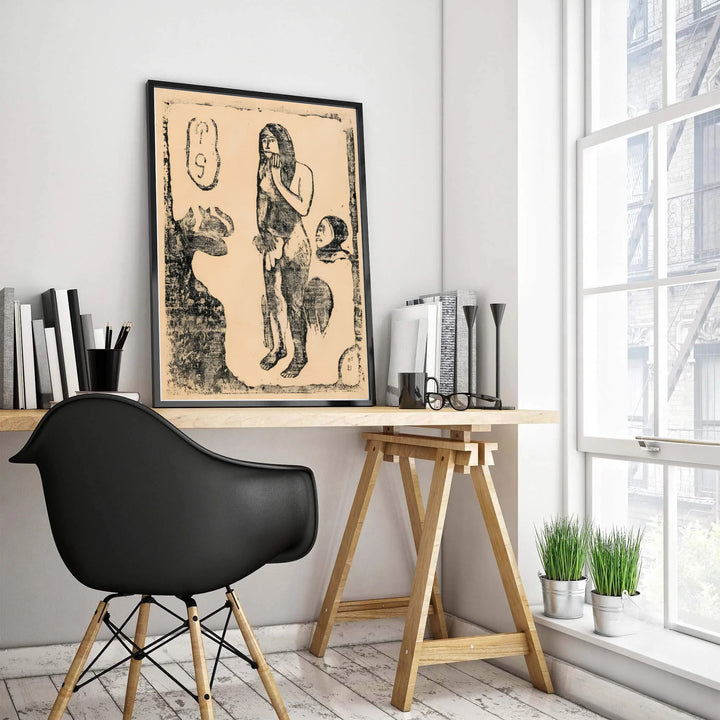 Historical French art print of Paul Gauguin Eve Suite Of Late Woodblocks 1898 displaying hand-carved borders from Tahiti, French Polynesia. Choose custom framed wall art, unframed paper poster prints, or gallery canvas formats at MapYourDreams for a modern gallery wall setup.