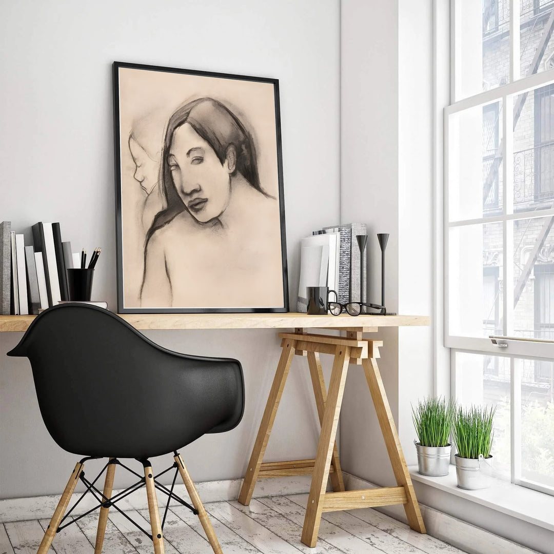 Intimate Post-Impressionist portrait poster of Paul Gauguin Heads Of Tahitian Women 1891 showing delicate line drawing from Tahiti, French Polynesia. MapYourDreams offers elegant framed prints, unframed paper posters, and stretched canvas art prints for minimalist home study setups.